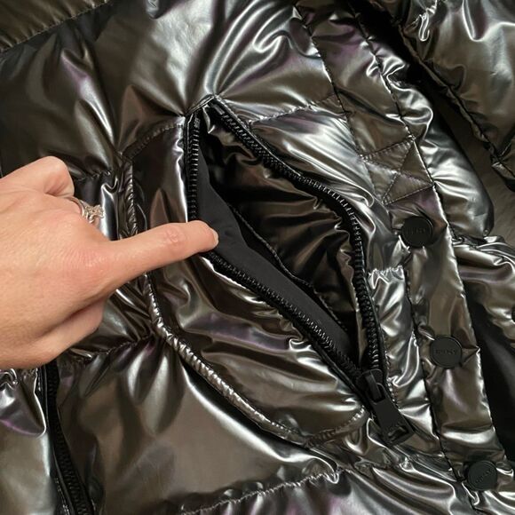 DKNY Silver Puffer Coat Bubble Lined Puffy Shiny Metallic Gunmetal Womens Large - Picture 5 of 13
